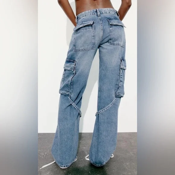 ZARA✨Cargo Jeans U.S. Women’s 6 Baggy Low Waisted Pockets Med Blue - Picture 4 of 16